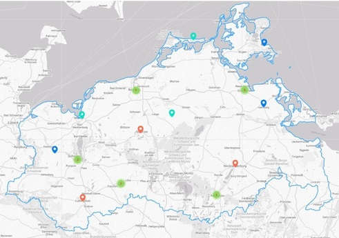Karte mit geförderten Projektbeispielen in MV, Quelle: Staatskanzlei Schwerin (Externer Link: Projektbeispiele in Mecklenburg-Vorpommern)